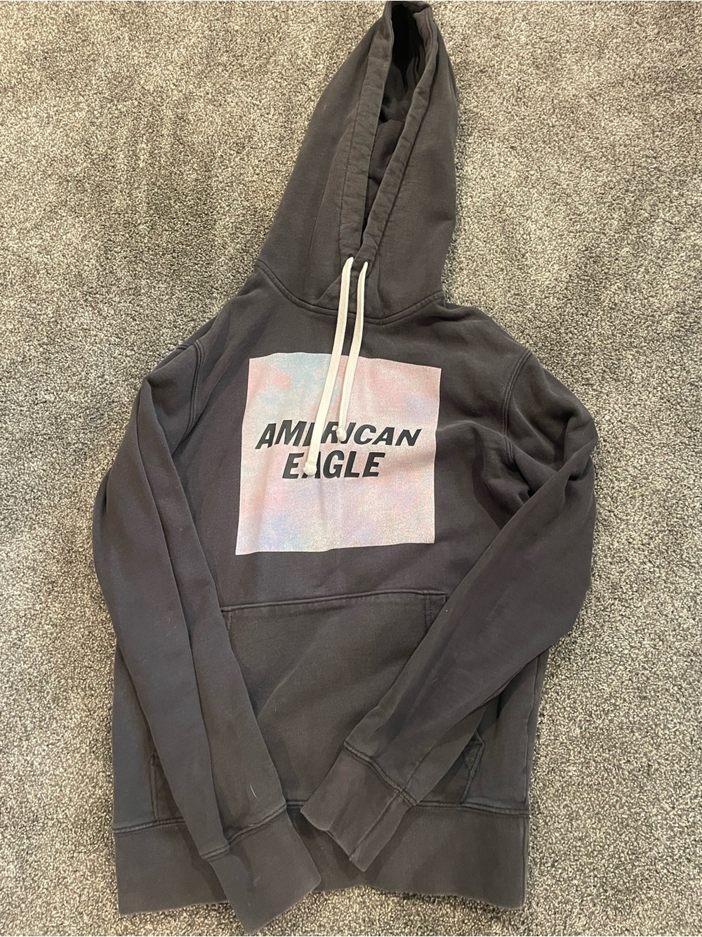 American Eagle Outfitters Men's Charcoal Gray Zip-Up Hoodie with Pastel Logo